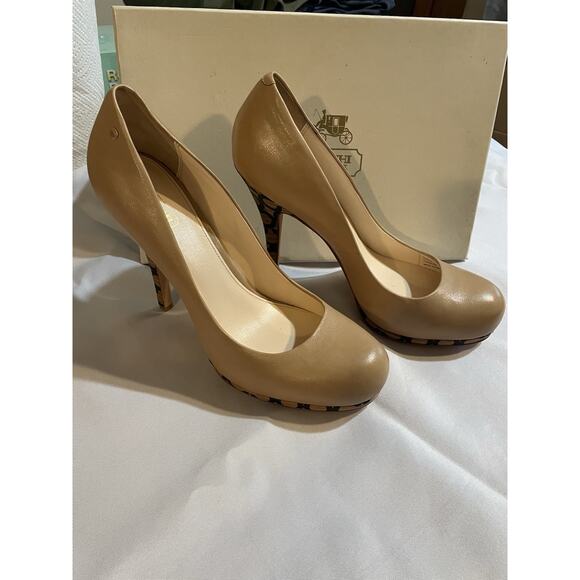 Coach Alexa Soft Calf Tan Leather Pumps Monogram Heels , Stiletto Size 8.5 B - Picture 2 of 10